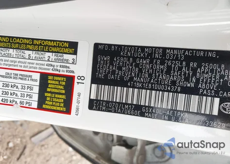 2013 Toyota Avalon Limited from USA, damaged, VIN 4T1BK1EB1DU034378